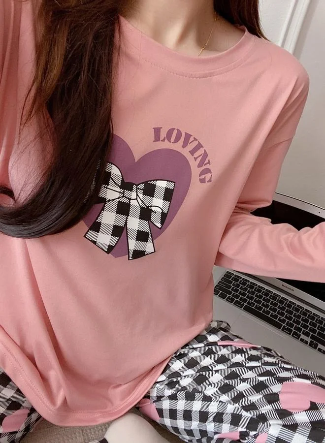 Take Two pink Pink Heart Long Sleeve T-Shirt and Checked Pyjama Set for Women | Best Price UAE